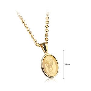 Simple Classic Plated Gold Virgin Mary Geometric Oval Titanium Steel Small Pendant with Necklace