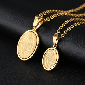 Simple Classic Plated Gold Virgin Mary Geometric Oval Titanium Steel Small Pendant with Necklace