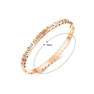 Fashion and Elegant Plated Rose Gold Roman Numeral Geometric Titanium Steel Bangle with Cubic Zirconia