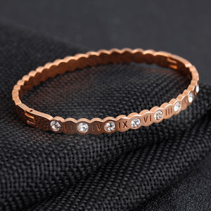 Fashion and Elegant Plated Rose Gold Roman Numeral Geometric Titanium Steel Bangle with Cubic Zirconia