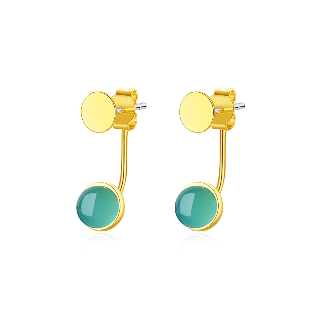 925 Sterling Silver Plated Gold Simple Elegant Geometric Round Green Earrings