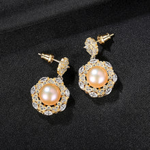 Load image into Gallery viewer, 925 Sterling Silver Plated Gold Fashion Elegant Flowers Pink Freshwater Pearl Earrings with Cubic Zirconia