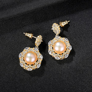 925 Sterling Silver Plated Gold Fashion Elegant Flowers Pink Freshwater Pearl Earrings with Cubic Zirconia