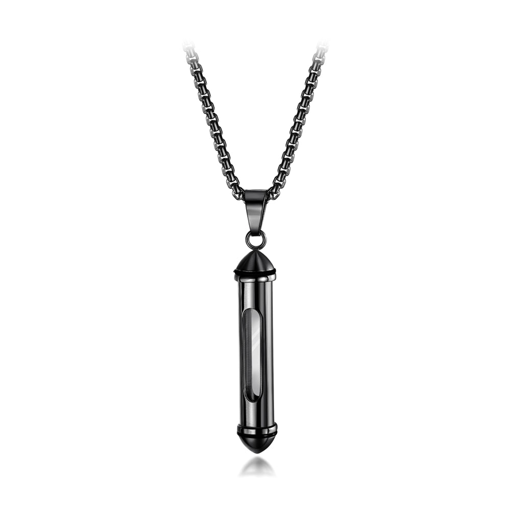 Simple Classic Plated Black Cylindrical Perfume Bottle Titanium Steel Pendant with Necklace