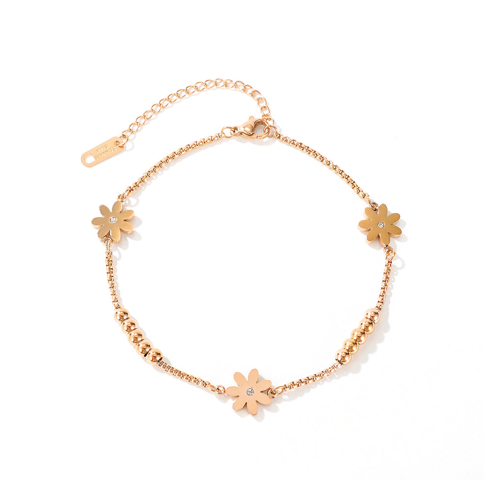 Simple and Elegant Plated Rose Gold Daisy Beaded Titanium Steel Anklet with Cubic Zirconia