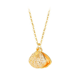 Fashion and Elegant Plated Gold Shell Imitation Pearl Titanium Steel Pendant with Cubic Zirconia and Necklace
