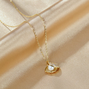 Fashion and Elegant Plated Gold Shell Imitation Pearl Titanium Steel Pendant with Cubic Zirconia and Necklace
