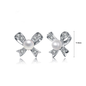 925 Sterling Silver Fashion Elegant Ribbon Freshwater Pearl Stud Earrings