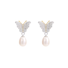 Load image into Gallery viewer, 925 Sterling Silver Fashion and Elegant Butterfly Freshwater Pearl Stud Earrings with Cubic Zirconia