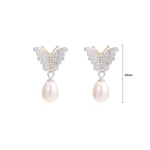 925 Sterling Silver Fashion and Elegant Butterfly Freshwater Pearl Stud Earrings with Cubic Zirconia