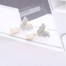 Load image into Gallery viewer, 925 Sterling Silver Fashion and Elegant Butterfly Freshwater Pearl Stud Earrings with Cubic Zirconia