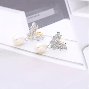 925 Sterling Silver Fashion and Elegant Butterfly Freshwater Pearl Stud Earrings with Cubic Zirconia