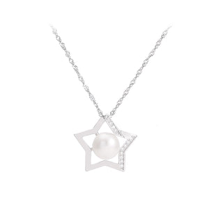 925 Sterling Silver Fashion Simple Star White Freshwater Pearl Pendant with Cubic Zirconia and Necklace