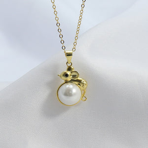925 Sterling Silver Plated Gold Fashion Cute Mouse Freshwater Pearl Pendant with Necklace