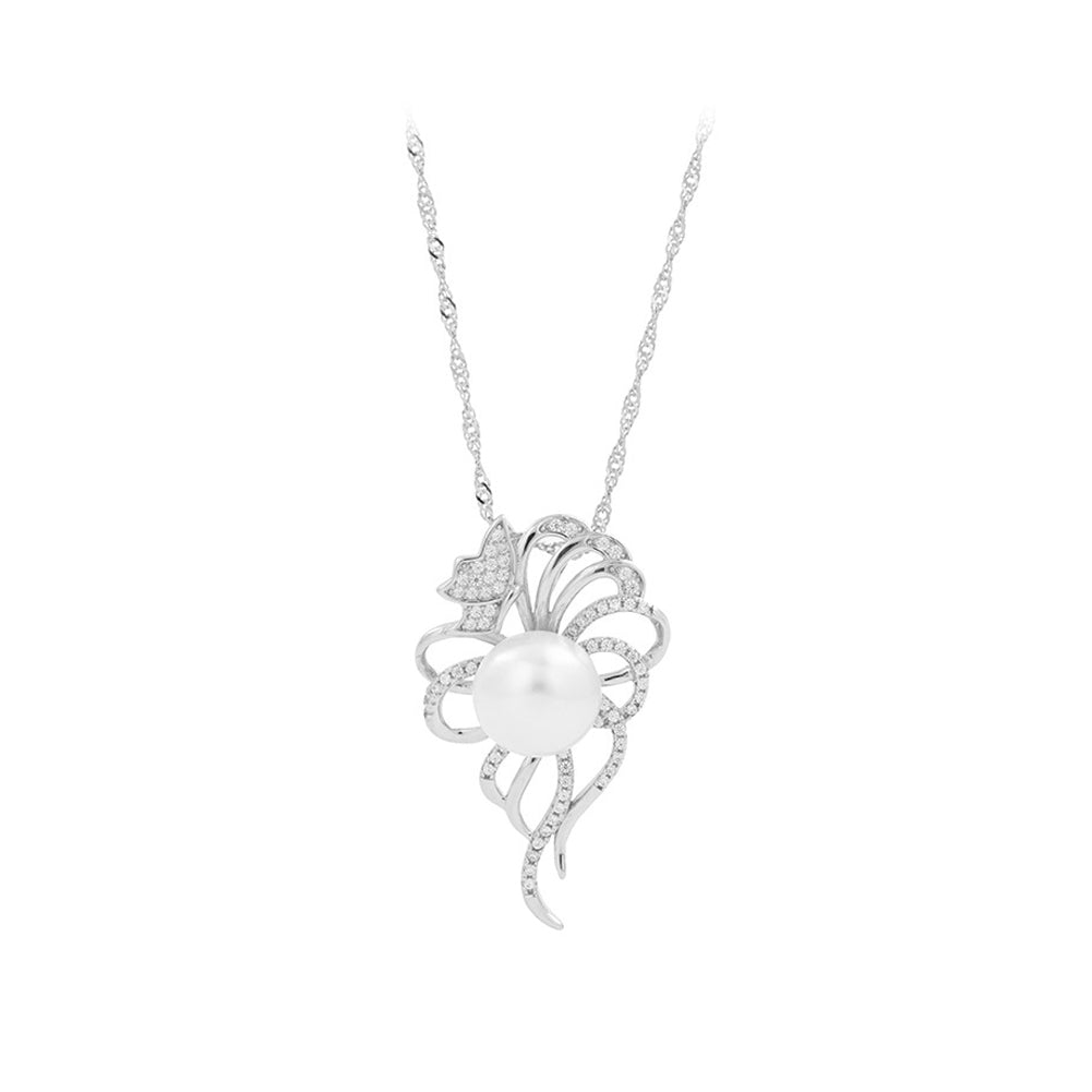 925 Sterling Silver Fashion Elegant Hollow Pattern Freshwater Pearl Pendant with Cubic Zirconia and Necklace