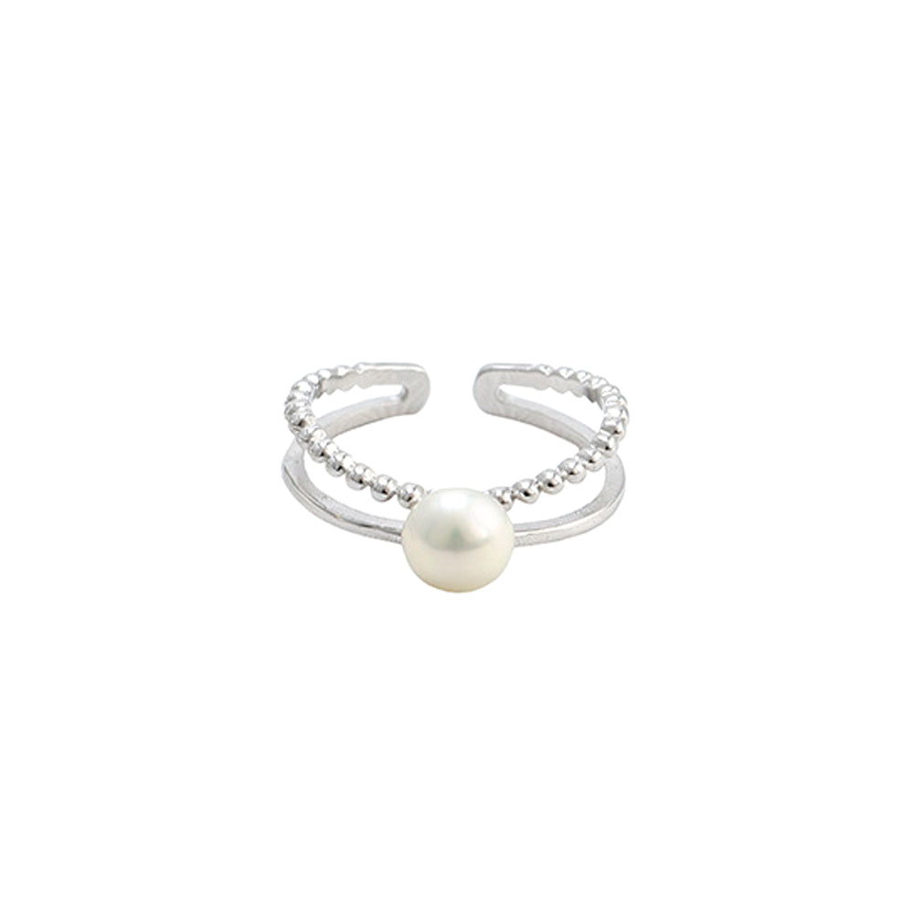 925 Sterling Silver Simple Fashion Geometric Round Freshwater Pearl Adjustable Open Ring