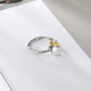 925 Sterling Silver Simple Unicorn White Freshwater Pearl Adjustable Ring