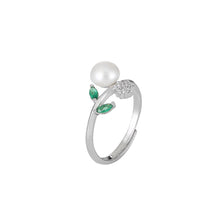 Load image into Gallery viewer, 925 Sterling Silver Fashion Simple Geometric White Freshwater Pearl Adjustable Ring with Green Cubic Zirconia
