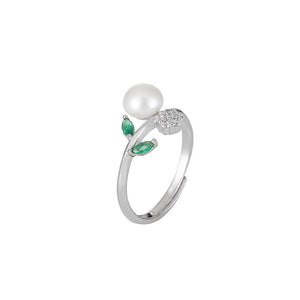 925 Sterling Silver Fashion Simple Geometric White Freshwater Pearl Adjustable Ring with Green Cubic Zirconia