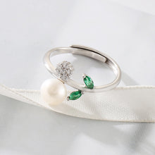 Load image into Gallery viewer, 925 Sterling Silver Fashion Simple Geometric White Freshwater Pearl Adjustable Ring with Green Cubic Zirconia