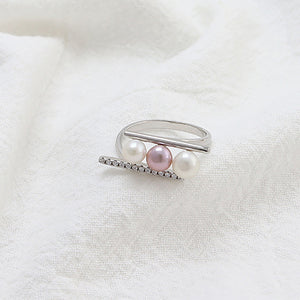 925 Sterling Silver Fashion and Elegant Freshwater Pearl Adjustable Open Ring with Cubic Zirconia