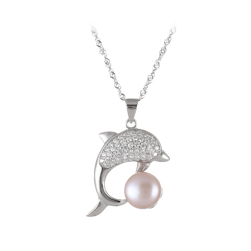 925 Sterling Silver Fashion Elegant Dolphin Purple Freshwater Pearl Pendant with Cubic Zirconia and Necklace