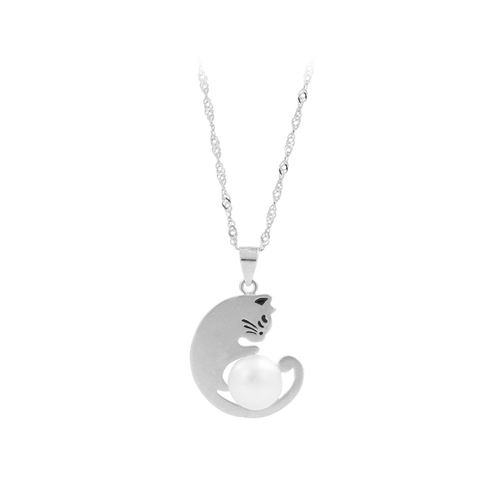 925 Sterling Silver Simple and Cute Cat White Freshwater Pearl Pendant with Necklace