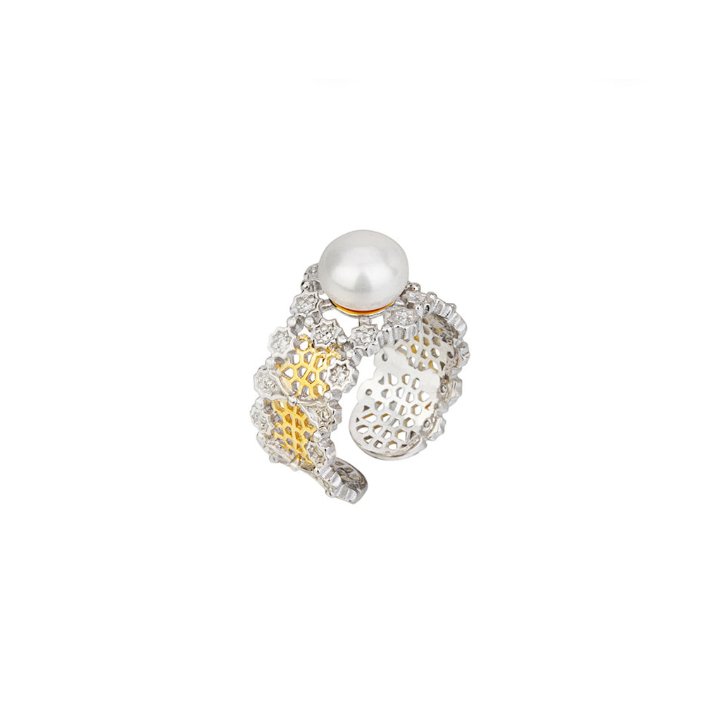 925 Sterling Silver Fashion Elegant Pattern Freshwater Pearl Adjustable Open Ring