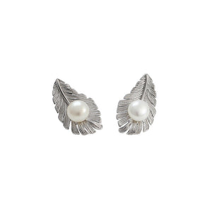 925 Sterling Silver Fashion Simple Feather White Freshwater Pearl Stud Earrings