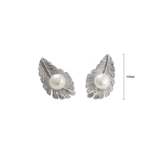 Load image into Gallery viewer, 925 Sterling Silver Fashion Simple Feather White Freshwater Pearl Stud Earrings