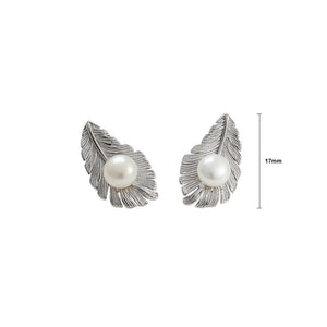 925 Sterling Silver Fashion Simple Feather White Freshwater Pearl Stud Earrings