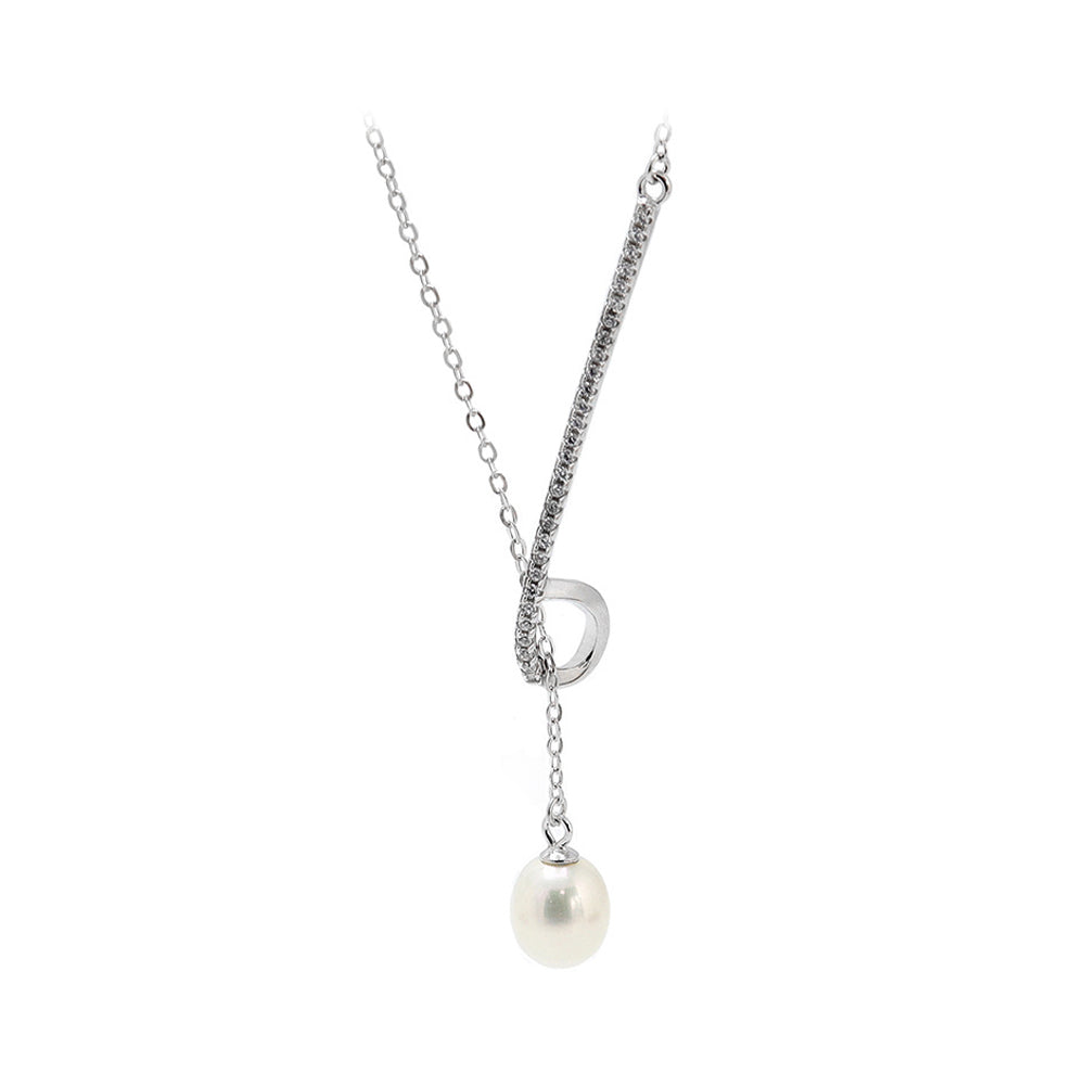 925 Sterling Silver Simple Fashion Geometric Freshwater Pearl Necklace with Cubic Zirconia