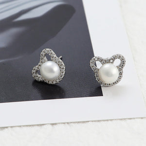 925 Sterling Silver Simple and Cute Bear Freshwater Pearl Stud Earrings with Cubic Zirconia