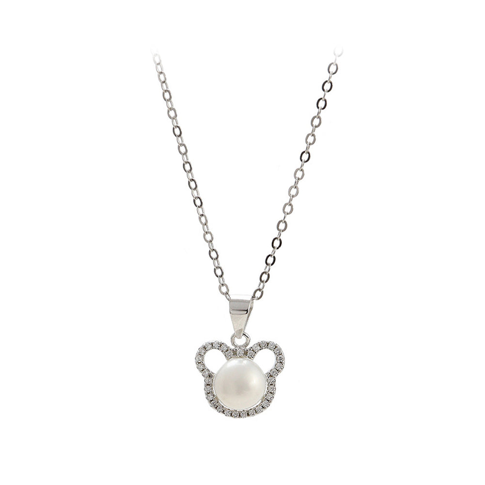 925 Sterling Silver Simple Cute Little Bear Freshwater Pearl Pendant with Cubic Zirconia and Necklace