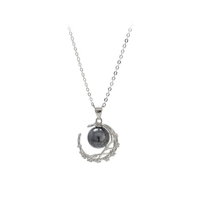 925 Sterling Silver Simple Fashion Moon Black Freshwater Pearl Pendant with Cubic Zirconia and Necklace