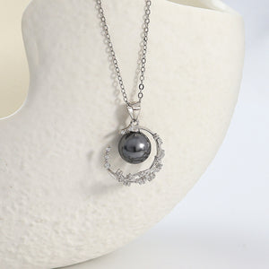 925 Sterling Silver Simple Fashion Moon Black Freshwater Pearl Pendant with Cubic Zirconia and Necklace