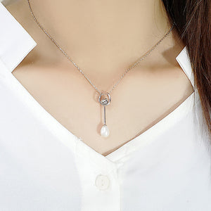 925 Sterling Silver Simple Fashion Geometric Tassel Freshwater Pearl Pendant with Necklace