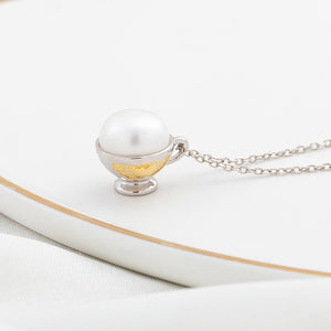 925 Sterling Silver Fashion Creative Teacup Freshwater Pearl Pendant with Necklace