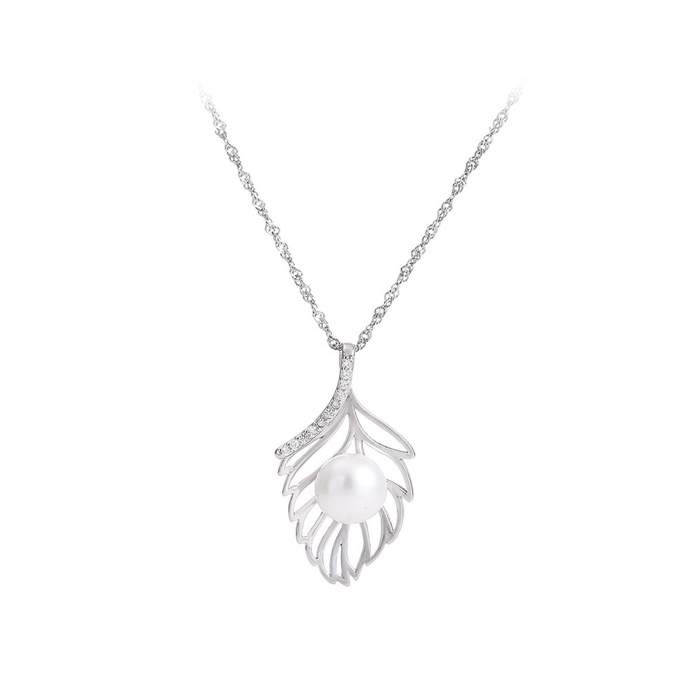 925 Sterling Silver Simple Fashion Hollow Leaf Freshwater Pearl Pendant with Necklace