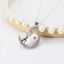 Load image into Gallery viewer, 925 Sterling Silver Fashion Simple Moon Cat Purple Freshwater Pearl Pendant with Necklace