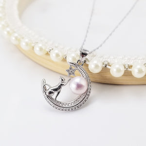 925 Sterling Silver Fashion Simple Moon Cat Purple Freshwater Pearl Pendant with Necklace