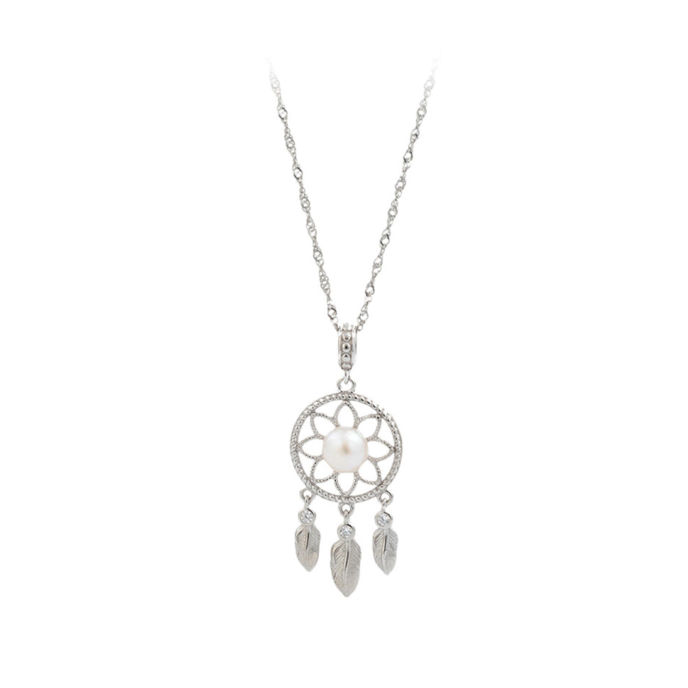 925 Sterling Silver Fashion Creative Dream Catcher White Freshwater Pearl Pendant with Necklace