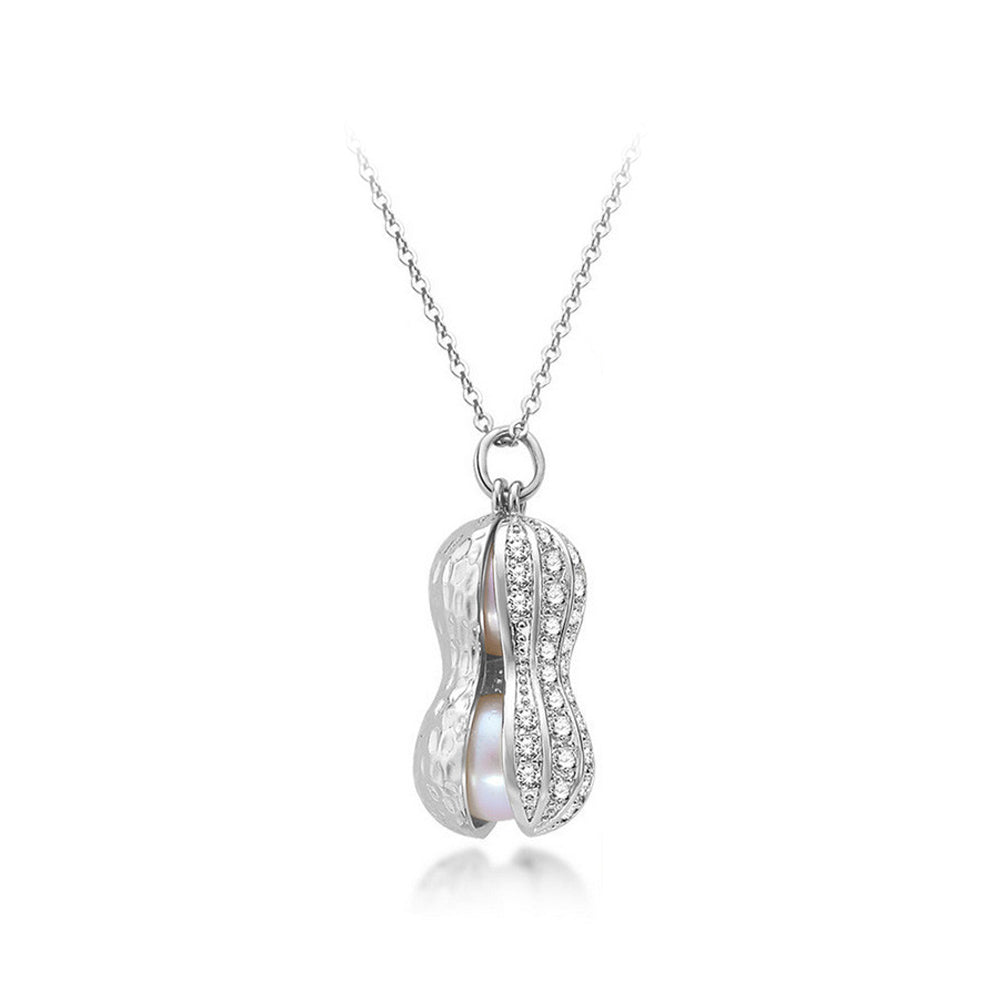 925 Sterling Silver Stylish and Elegant Peanut Freshwater Pearl Pendant with Cubic Zirconia and Necklace