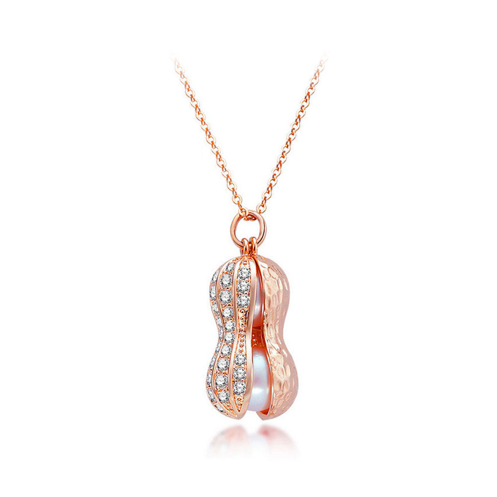 925 Sterling Silver Plated Rose Gold Fashion Elegant Peanut Freshwater Pearl Pendant with Cubic Zirconia and Necklace