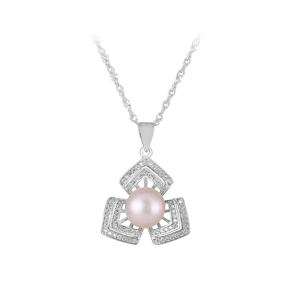 925 Sterling Silver Fashion Shining Geometric Purple Freshwater Pearl Pendant with Cubic Zirconia and Necklace