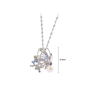 925 Sterling Silver Fashion Elegant Butterfly White Freshwater Pearl Pendant with Cubic Zirconia and Necklace