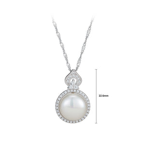925 Sterling Silver Fashion and Elegant Geometric Round Freshwater Pearl Pendant with Cubic Zirconia and Necklace