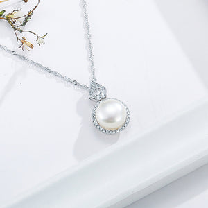 925 Sterling Silver Fashion and Elegant Geometric Round Freshwater Pearl Pendant with Cubic Zirconia and Necklace