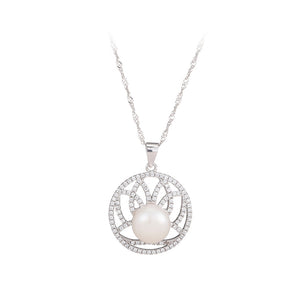 925 Sterling Silver Fashion and Elegant Geometric Pattern Round Freshwater Pearl Pendant with Cubic Zirconia and Necklace