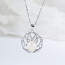 Load image into Gallery viewer, 925 Sterling Silver Fashion and Elegant Geometric Pattern Round Freshwater Pearl Pendant with Cubic Zirconia and Necklace